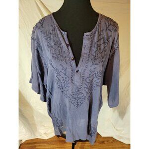 Vintage Geeta Embroidered Tunic Shirt Button Up Women Free Size 100% Cotton Blue